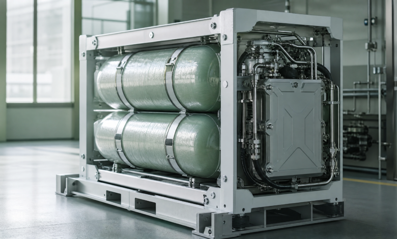 AI生成的氫氣儲能模組概念圖，置於一般工業測試環境，非真實設施照片