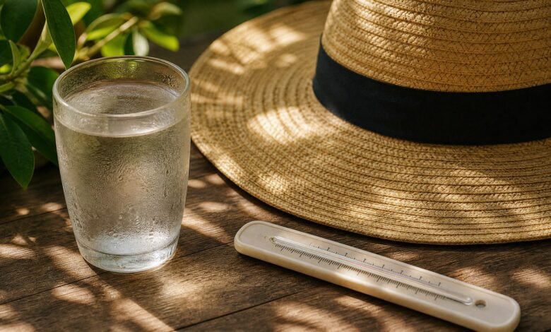 清水、草帽與溫度計的防暑靜物